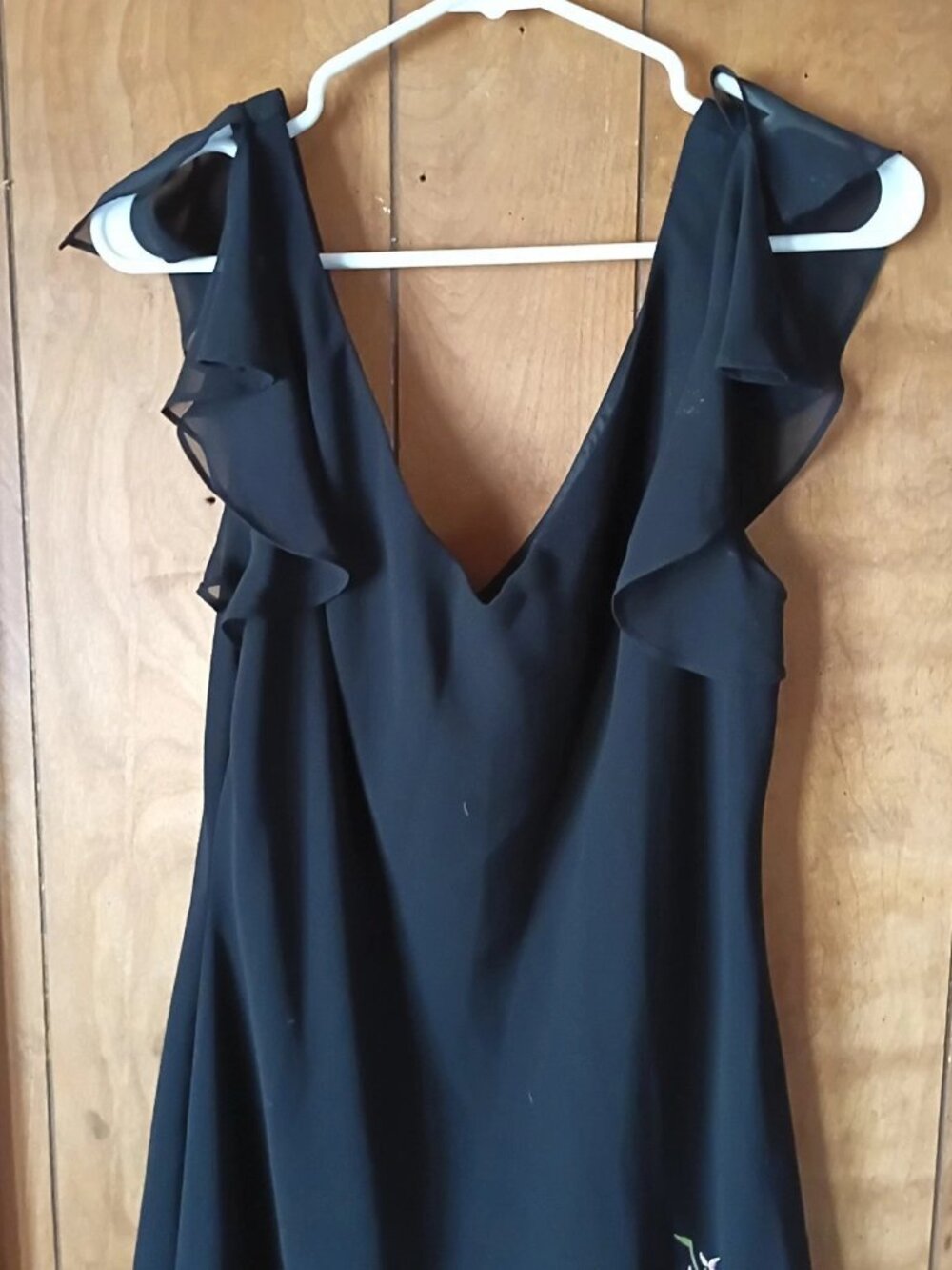 Vintage Y2K Dressbarn Black Midi Dress Pink Floral Embroidery Flutter Sleeve 14 - Picture 2 of 5